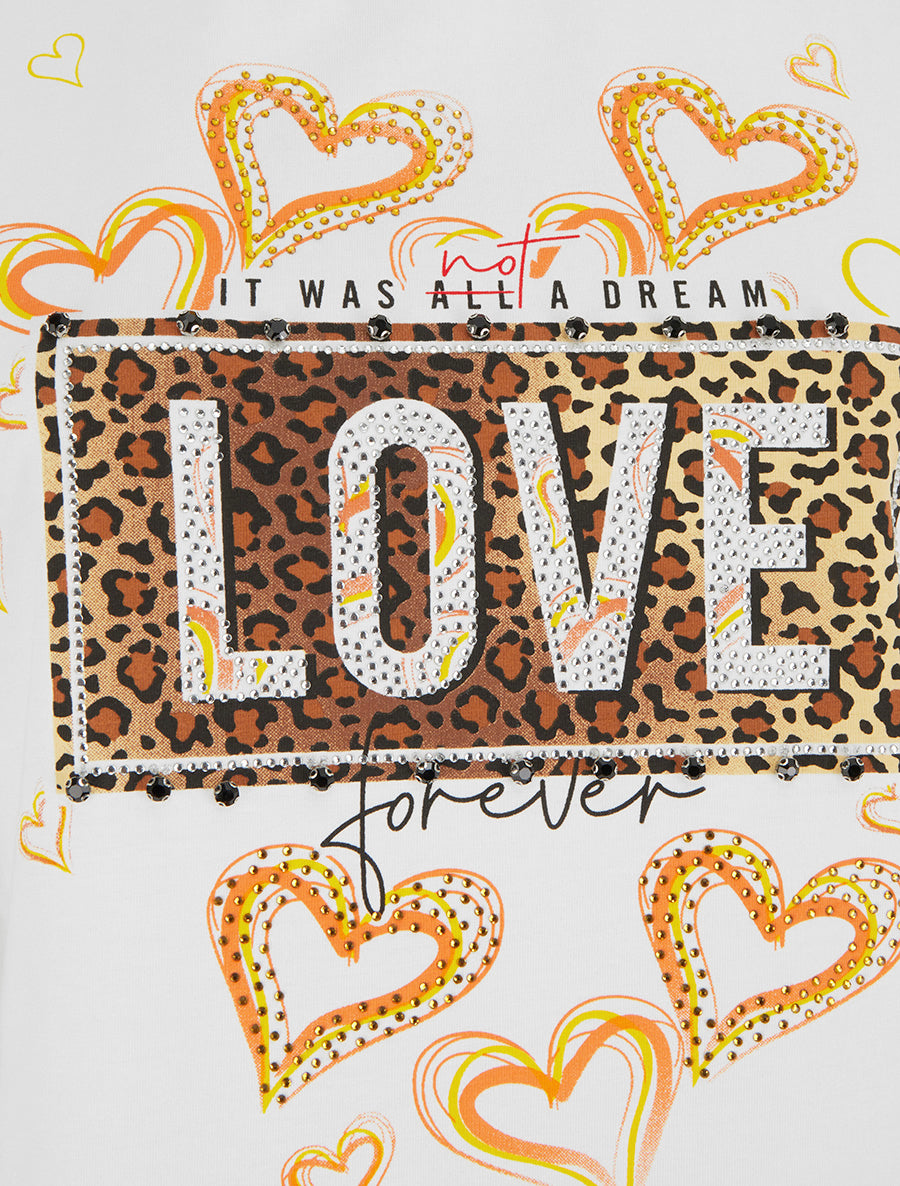 T-shirt à message et motif fleurs strassés - Blanc - 3