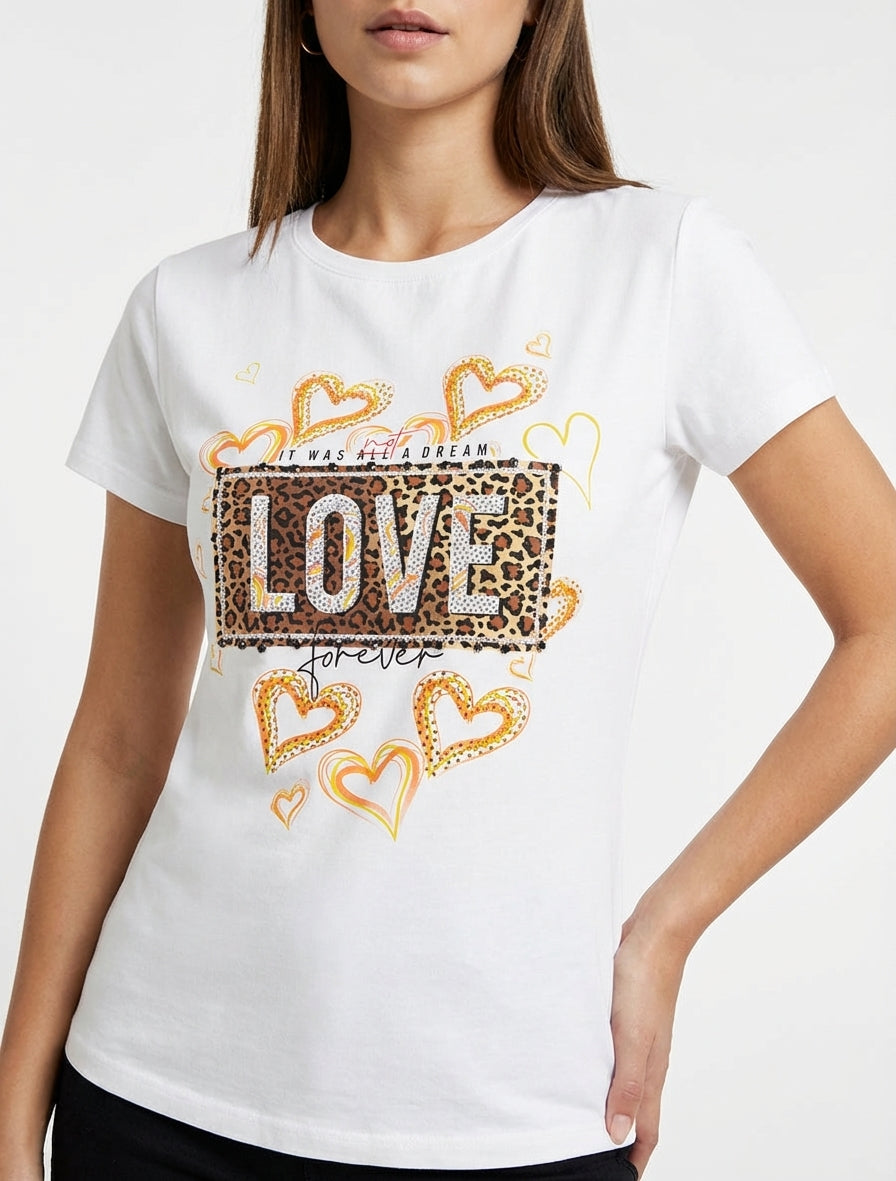 Maglietta con scritta e motivo floreale con strass. - Bianco