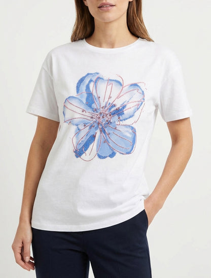 Maglietta con motivo floreale e strass - Bianco