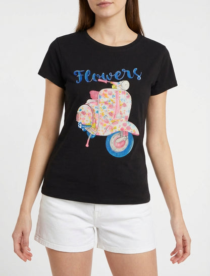 T-shirt con motivo di scooter con strass - Nero