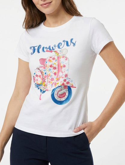 T-shirt con motivo di scooter con strass - Bianco