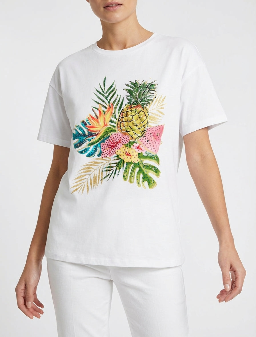 Maglietta stampata con frutta e strass - Bianco