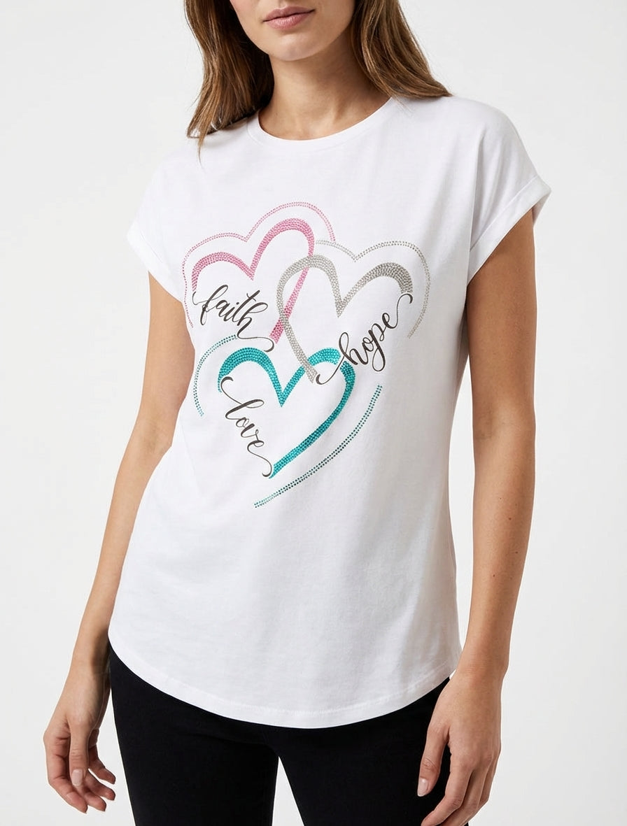 Maglietta stampata e 3 cuori con strass - Bianco