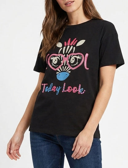 T-shirt stampato giraffa e strass - Nero