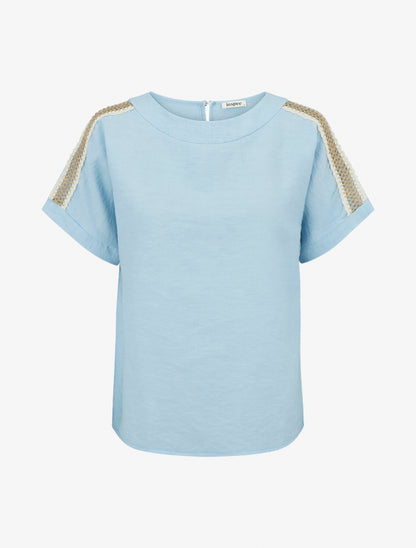 Top manches courtes à broderies ajourés - Bleu ciel - 1