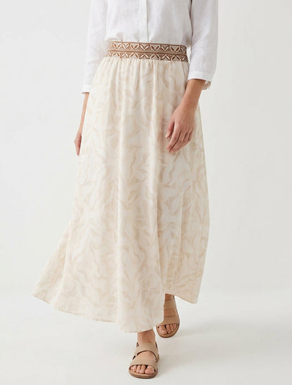 Gonna lunga fluida con stampa fogliame stilizzato - Beige