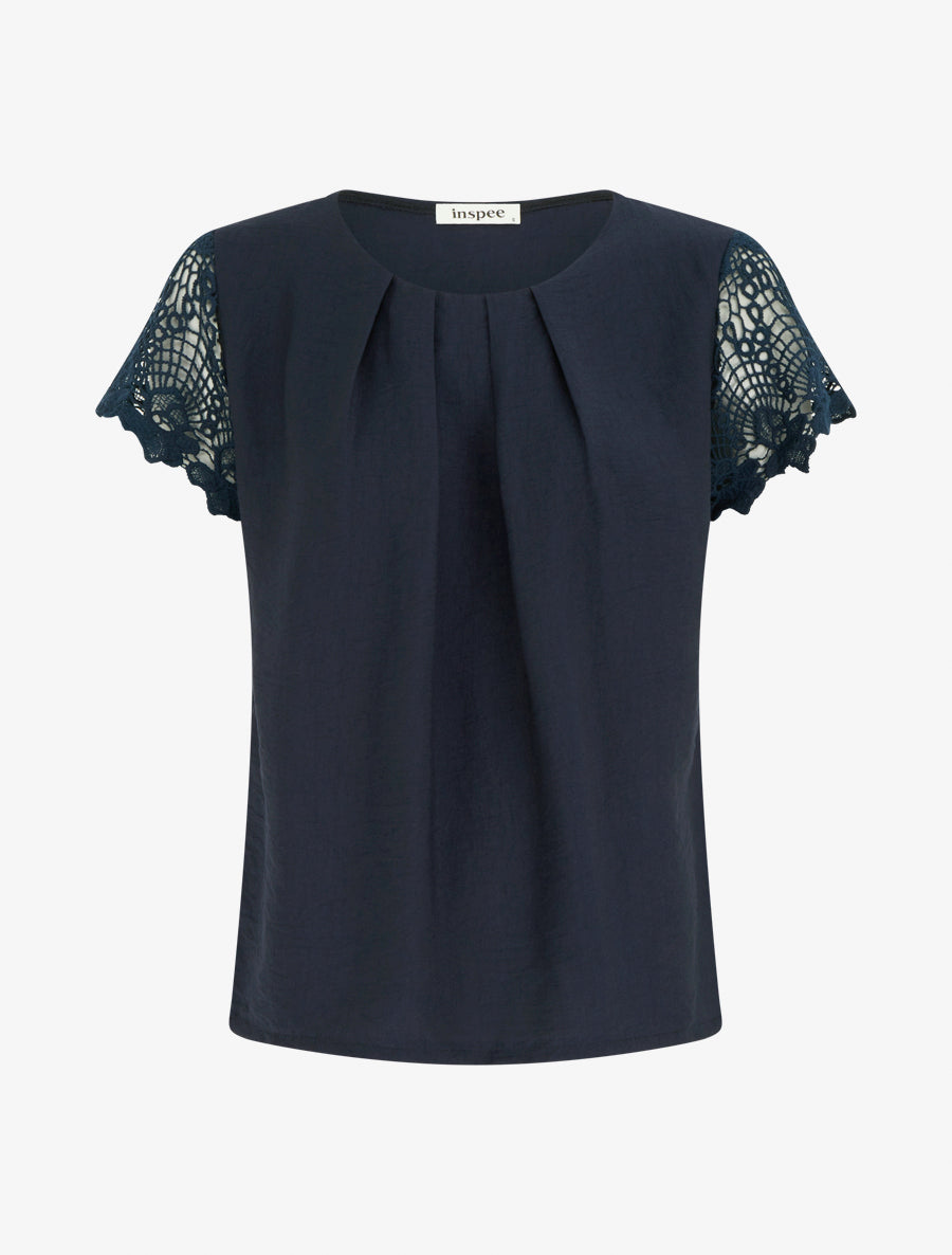 Top droit manches courtes en dentelle - Marine - 1