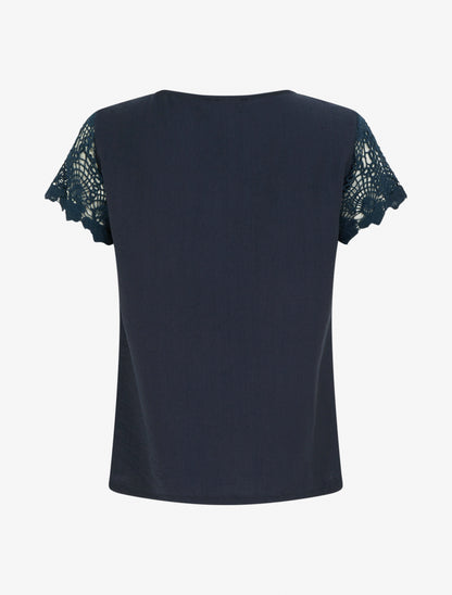 Top droit manches courtes en dentelle - Marine - 2