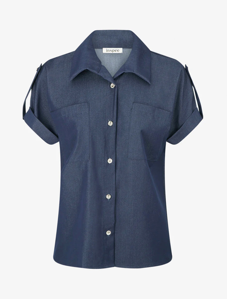 Camicia tinta unita con tasche - Blu grezzo
