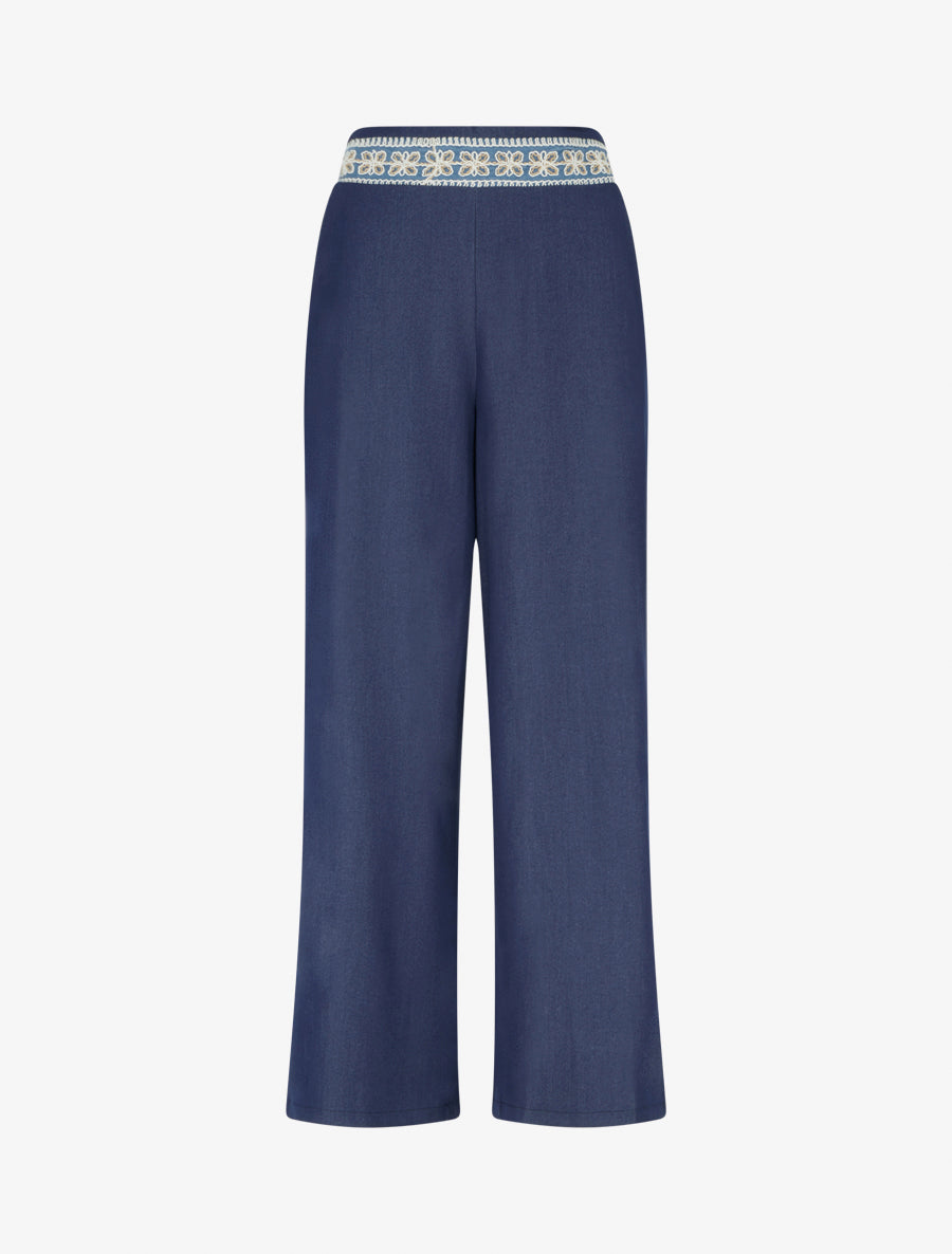 Pantalon fluide unie à bande brodée - Marine - 1