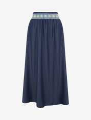 Jupe longue unie à bande brodée - Marine - 1