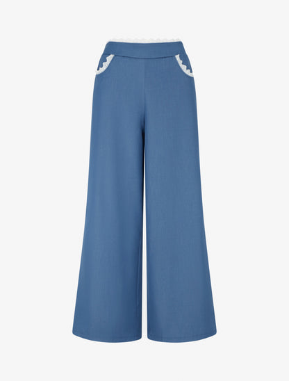 Pantalon ample à dentelle - Bleu denim - 1