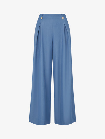 Pantalon fluide uni à pont - Bleu - 1