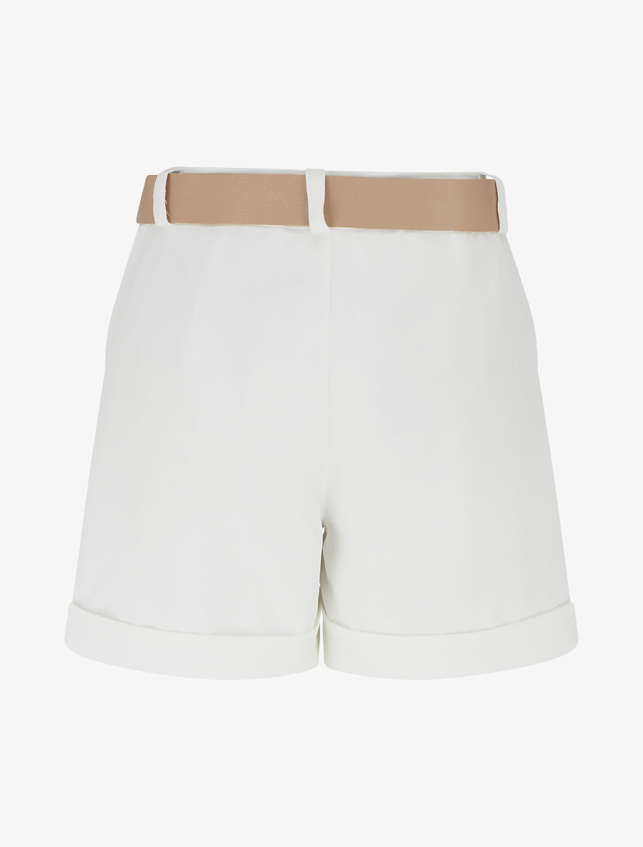 Short ceinturé uni à ourlet - Blanc - 2