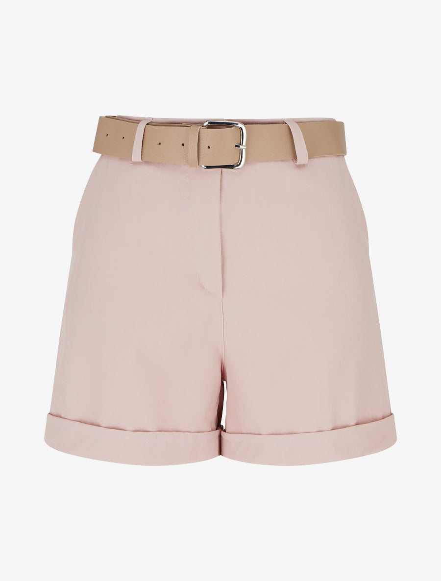 Short ceinturé uni à ourlet - Rose - 1