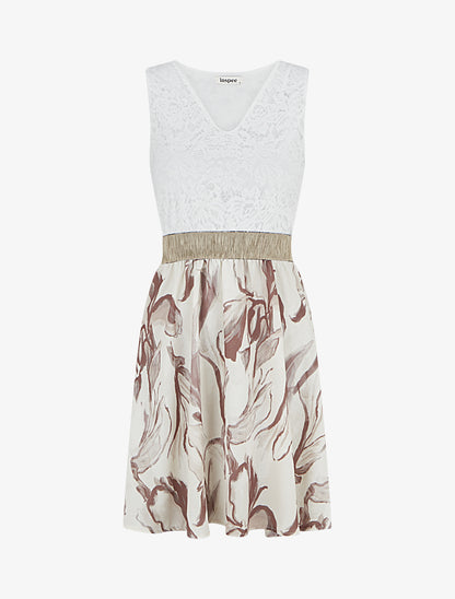 Robe mi-longue à dentelle et imprimé fantaisie - Beige - 1