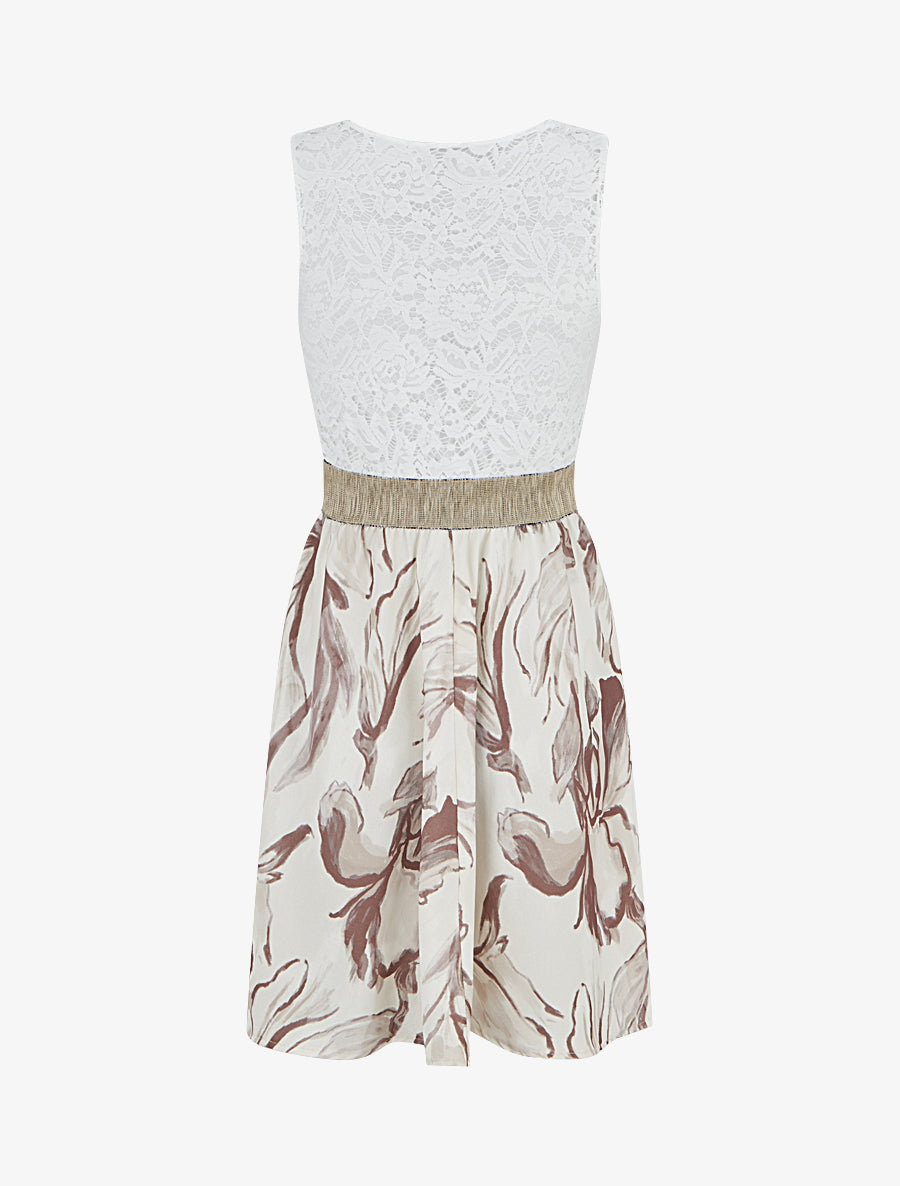 Robe mi-longue à dentelle et imprimé fantaisie - Beige - 2