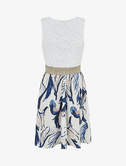 Robe mi-longue à dentelle et imprimé fantaisie - Marine - 2