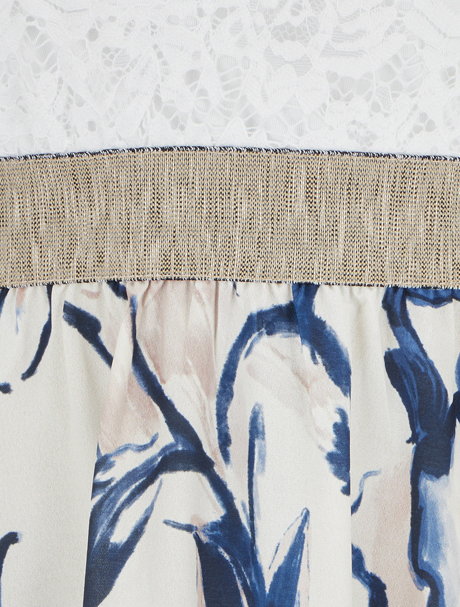 Robe mi-longue à dentelle et imprimé fantaisie - Marine - 3