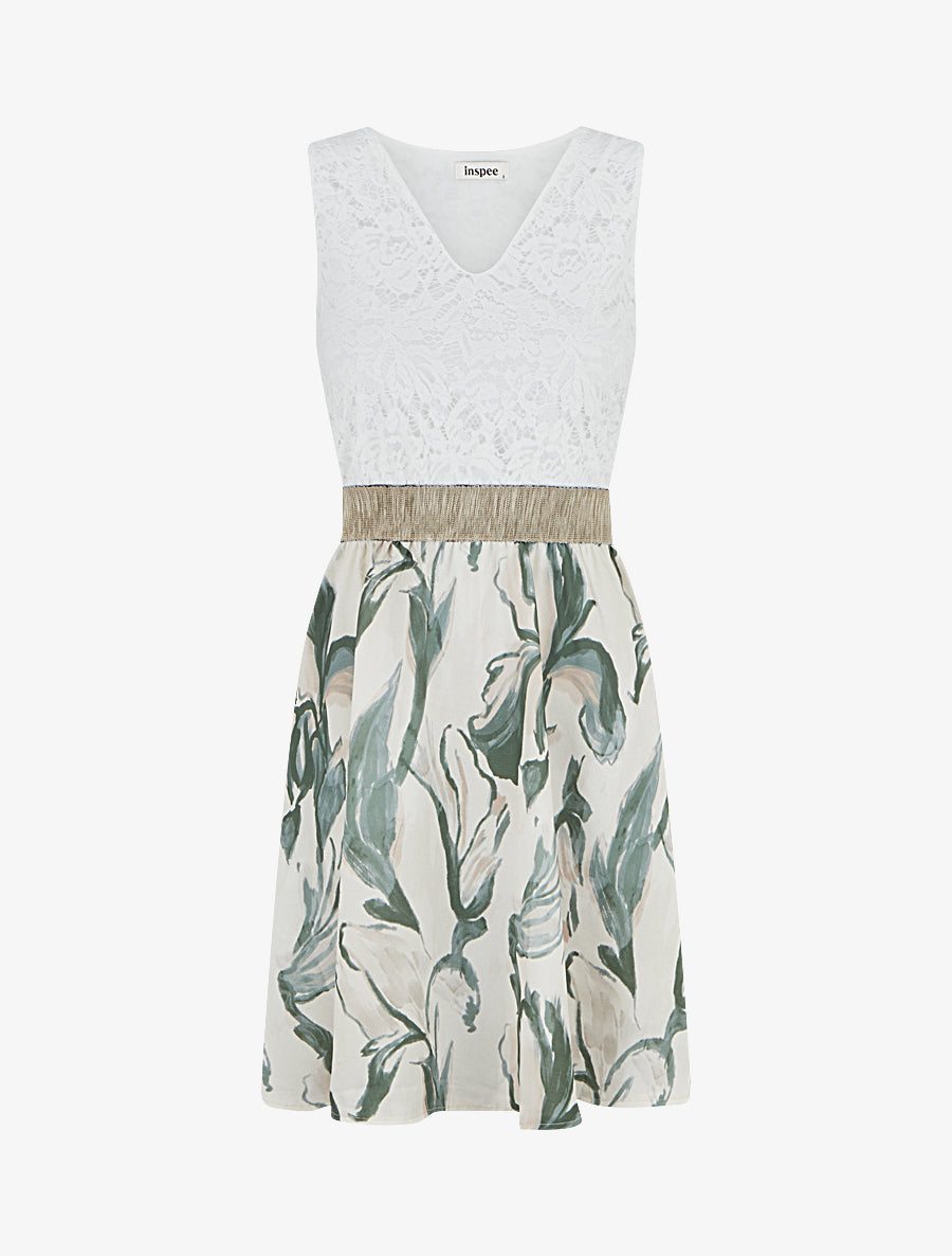 Robe mi-longue à dentelle et imprimé fantaisie - Kaki - 1