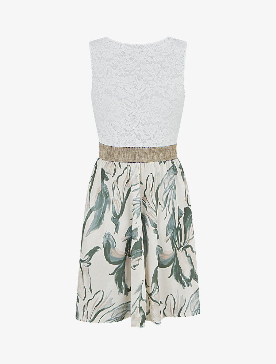 Robe mi-longue à dentelle et imprimé fantaisie - Kaki - 2