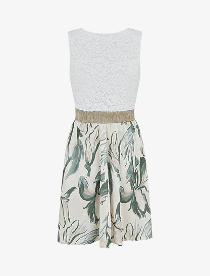 Robe mi-longue à dentelle et imprimé fantaisie - Kaki - 2