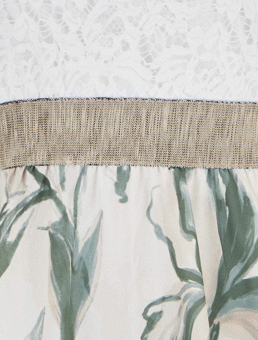 Robe mi-longue à dentelle et imprimé fantaisie - Kaki - 3