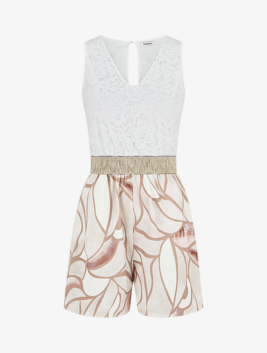 Combishort à dentelle et imprimé graphique - Beige - 1