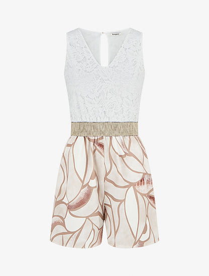 Combishort à dentelle et imprimé graphique - Beige - 1