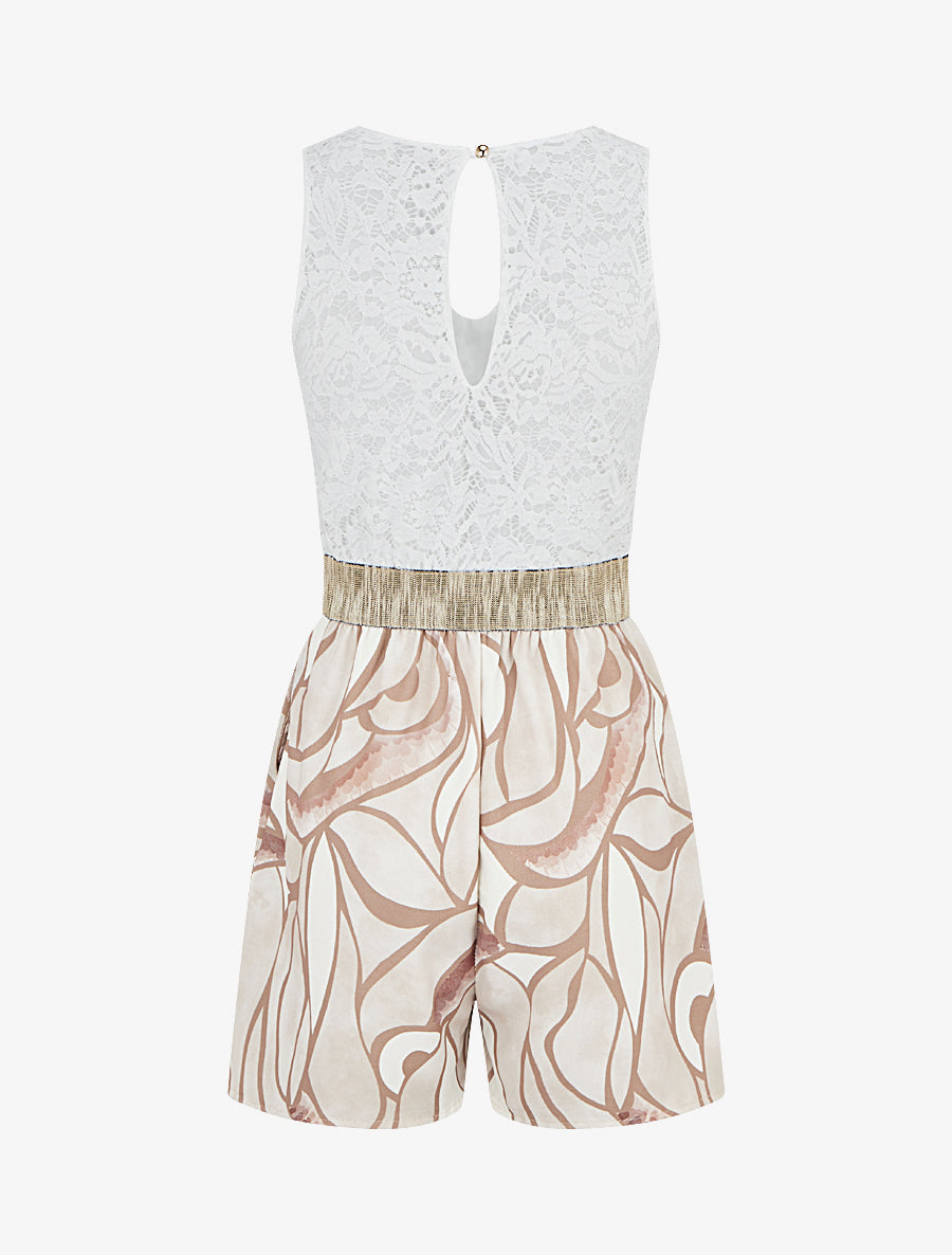 Combishort à dentelle et imprimé graphique - Beige - 2