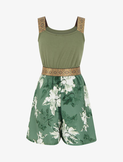 Combishort imprimé floral à bretelles fantaisies - Kaki - 2