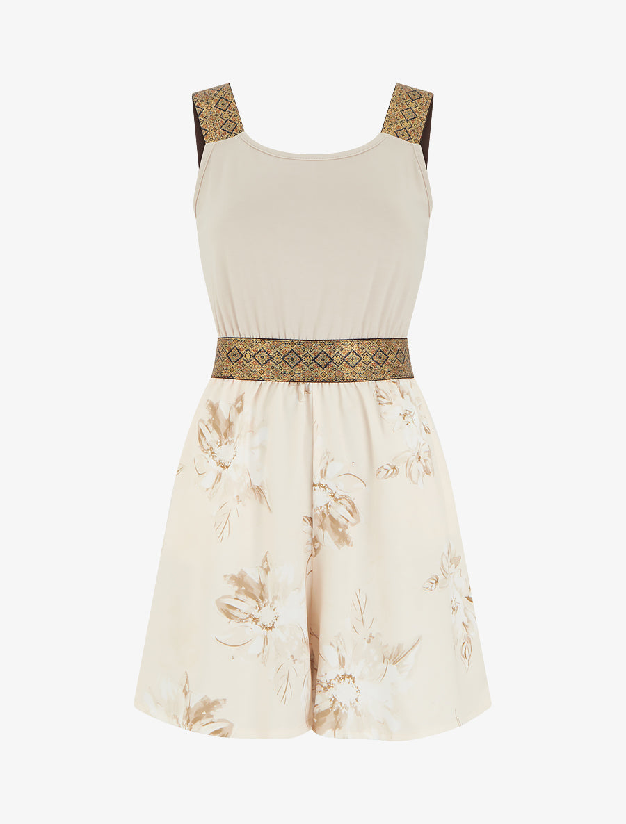 Combishort imprimé floral à bretelles fantaisies - Taupe - 1
