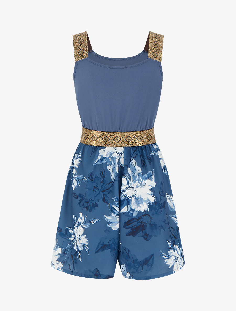 Combishort imprimé floral à bretelles fantaisies - Bleu - 2