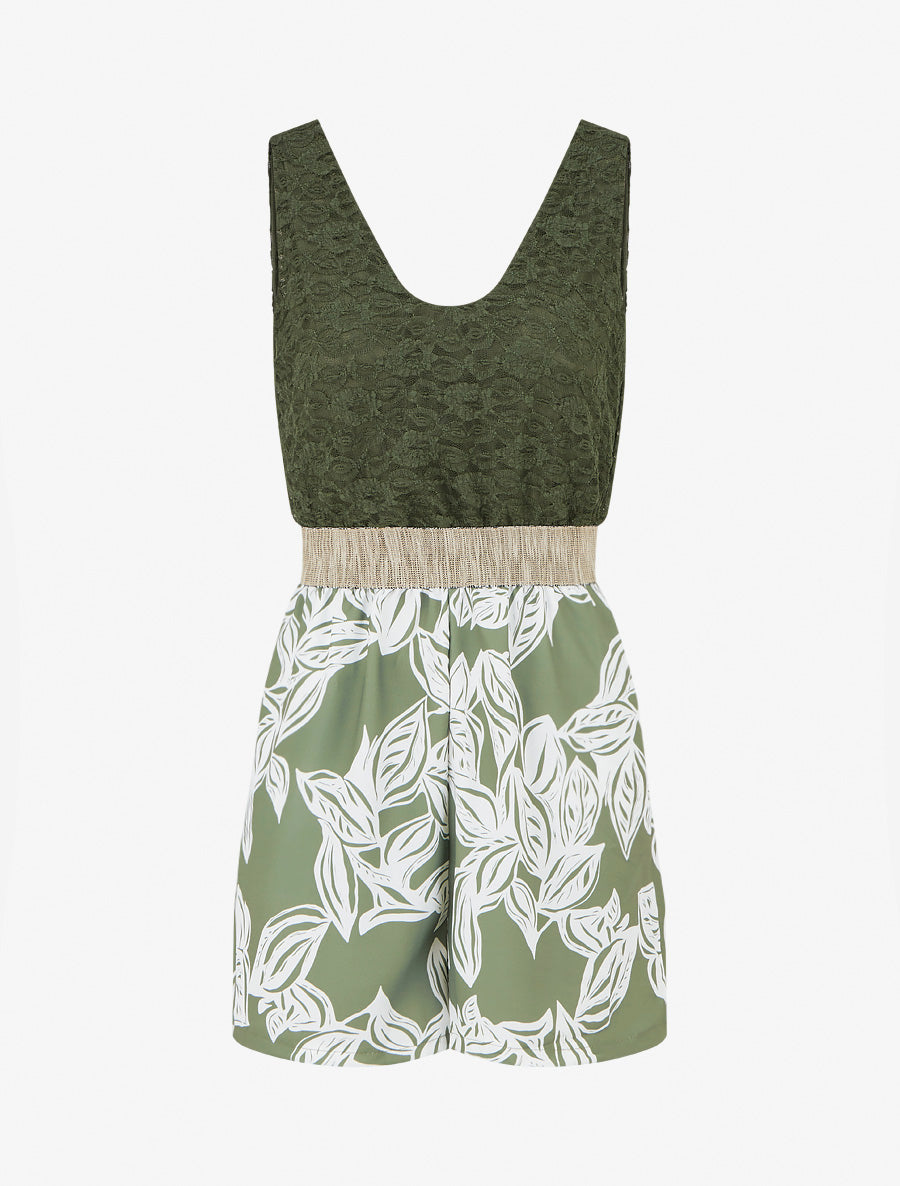 Combishort imprimé floral à buste en dentelle - Kaki - 1