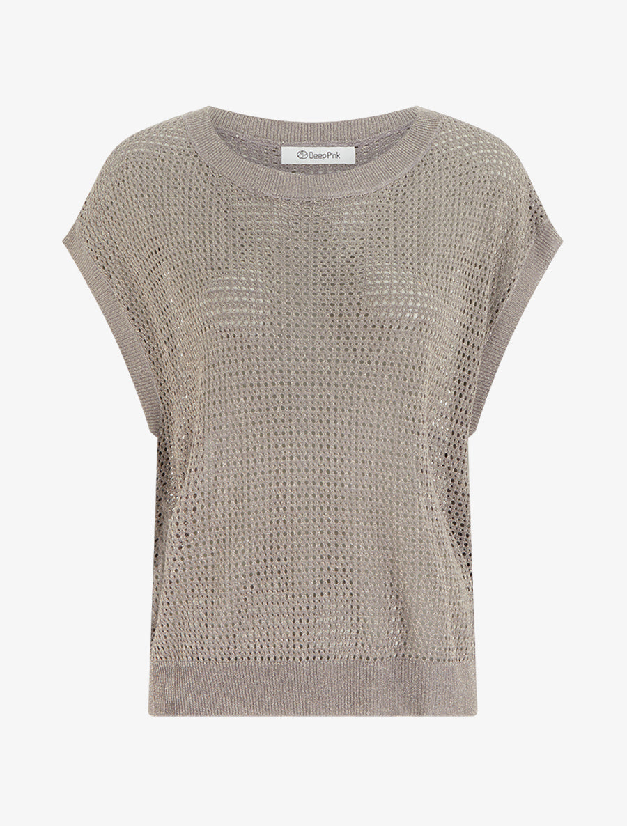 Top en maille fine ajouré et irisé - Taupe - 1