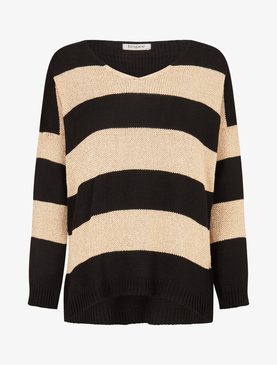 Pull en maille à bandes dorées - Noir - 1