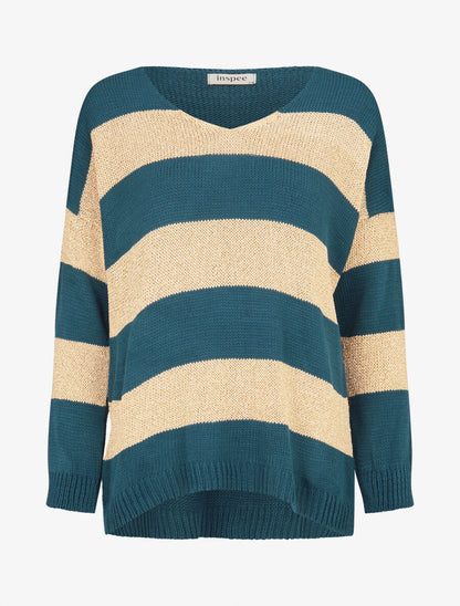 Pull en maille à bandes dorées - Bleu pétrole - 1