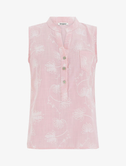 Top en lin boutonné à broderie floral - Rose - 1