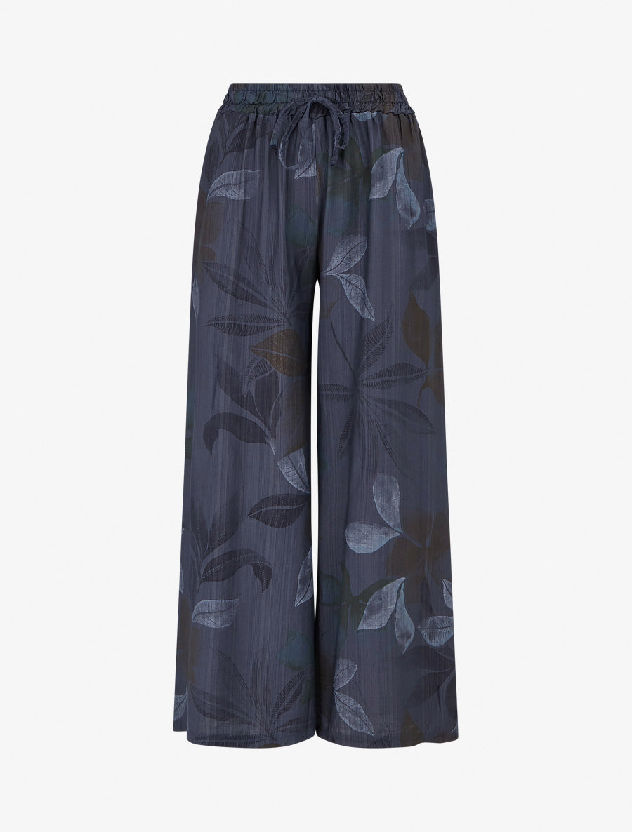 Pantalon élastiqué à imprimé feuillage - Marine - 1