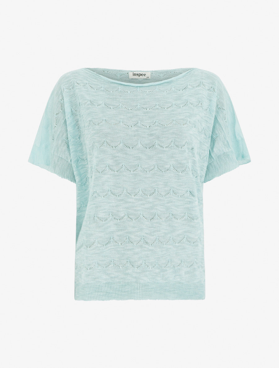 Top uni en maille ajourée à manches courtes - Turquoise - 1