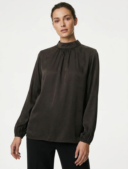 Blusa satinata con polsini elasticizzati - Marrone