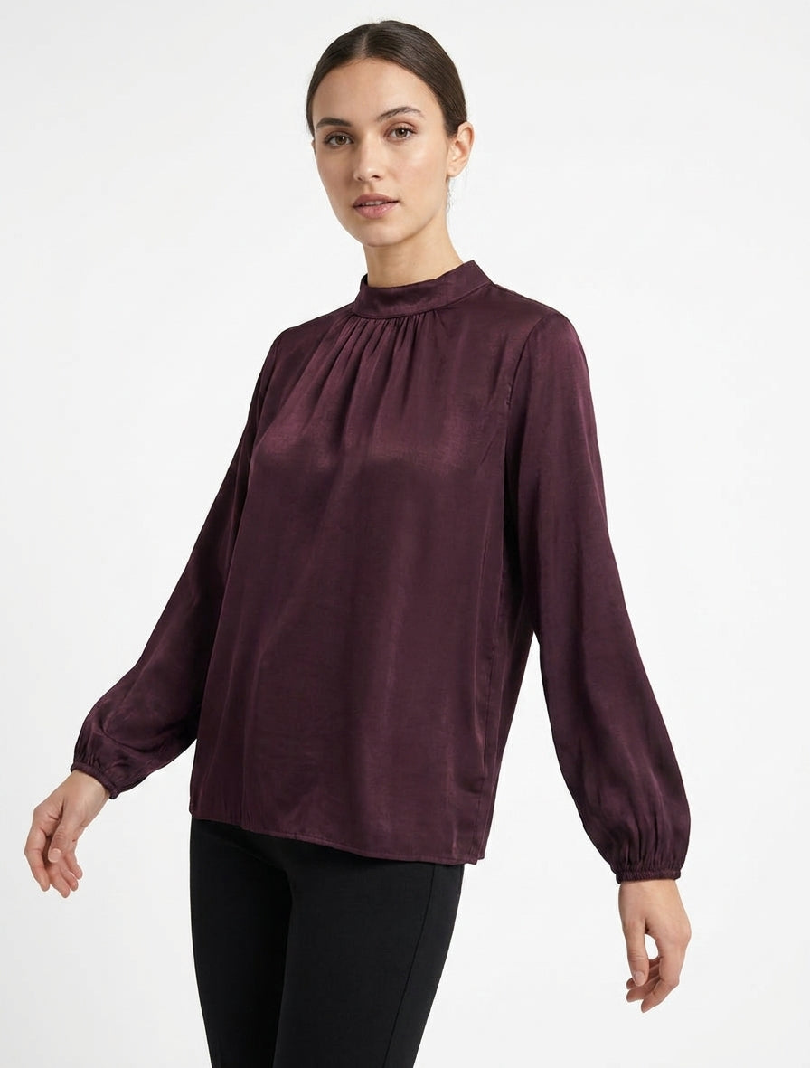 Blusa satinata con polsini elasticizzati - Prugna
