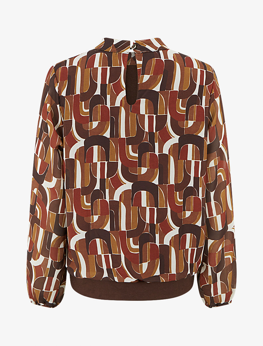 Blouse imprimé rétro à poignets élastiqués - Marron - 2