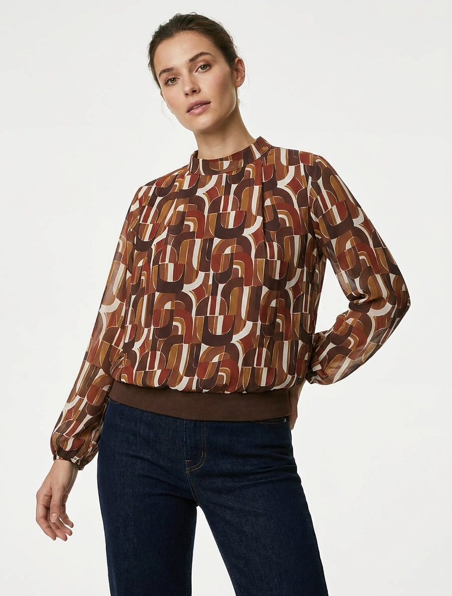 Blusa stampata retrò con polsini elasticizzati - Marrone