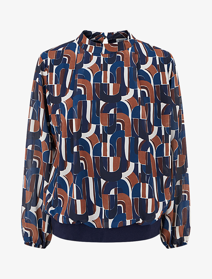Blouse imprimé rétro à poignets élastiqués - Marine - 1