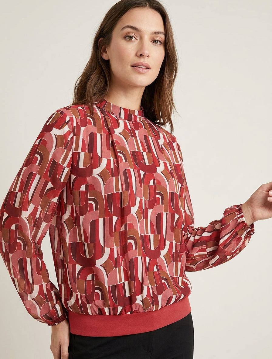 Blusa stampata retrò con polsini elasticizzati - Rosso