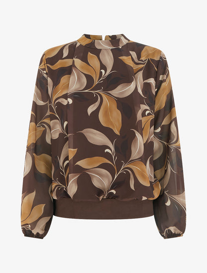 Blouse imprimé feuillage à poignets élastiqués - Marron - 1