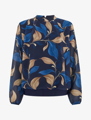 Blouse imprimé feuillage à poignets élastiqués - Marine - 1