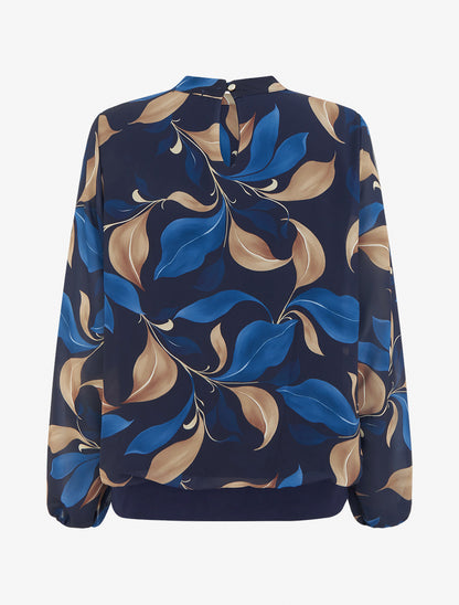 Blouse imprimé feuillage à poignets élastiqués - Marine - 2
