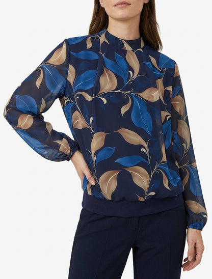 Blusa stampata con fogliame e polsini elasticizzati - Marina